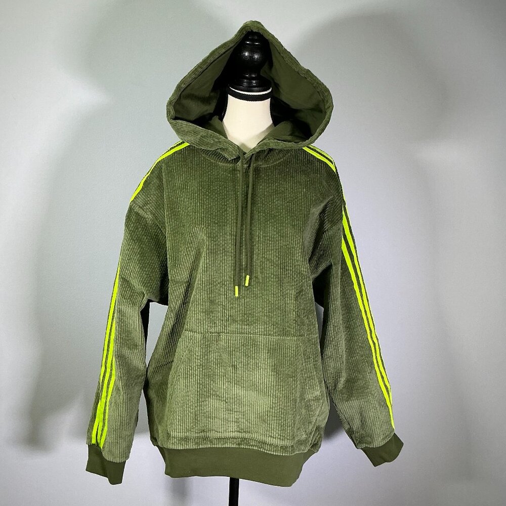 NWT- Adidas X Ivy Park Olive Green Corduroy Hoodie with Lime Stripes
